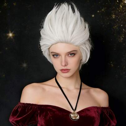 耐热银白色合成蓬松海巫女巫服装假发及项链套装，适合女性圣诞节角色扮演派对道具、学校嘉年华及其他场合装饰、摄影道具、舞台表演配饰，是理想的礼物之选（假发需要自行造型）。