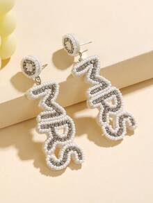 1 Pair "MRS" Seed Bead & Faux Pearl Diamond Earrings - Handmade Seed Bead & Faux Pearl Earrings, Elegant & Refined Fashion Earrings For Women, Wedding Theme Earrings - Multicolor - View 2