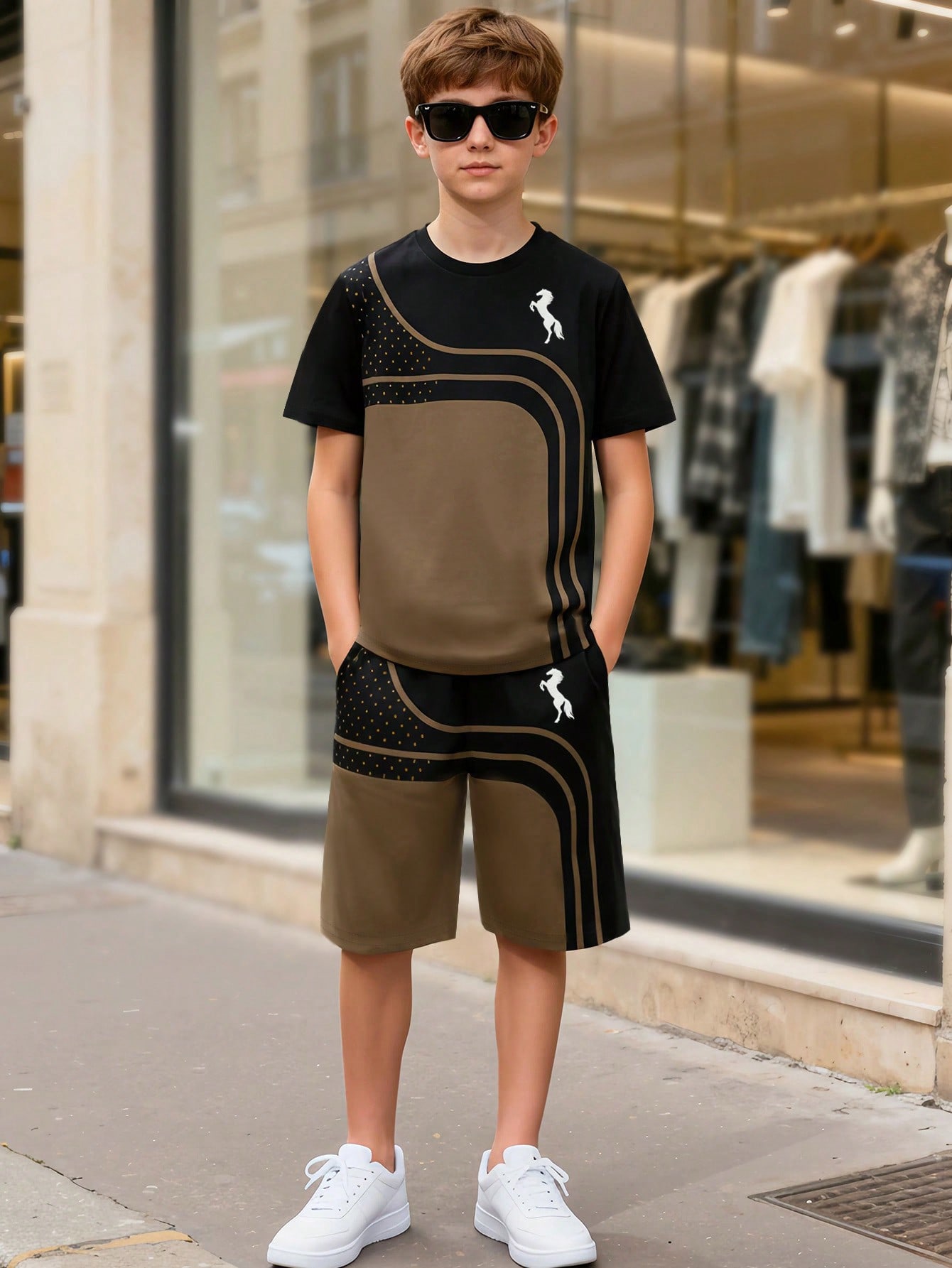 مجموعة من قميص كم قصير وشورت الصيفية، بلون أسود وب...