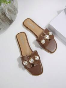 New Fashion Flat Sandals With Pearl Decor For Women - Brown - View 3