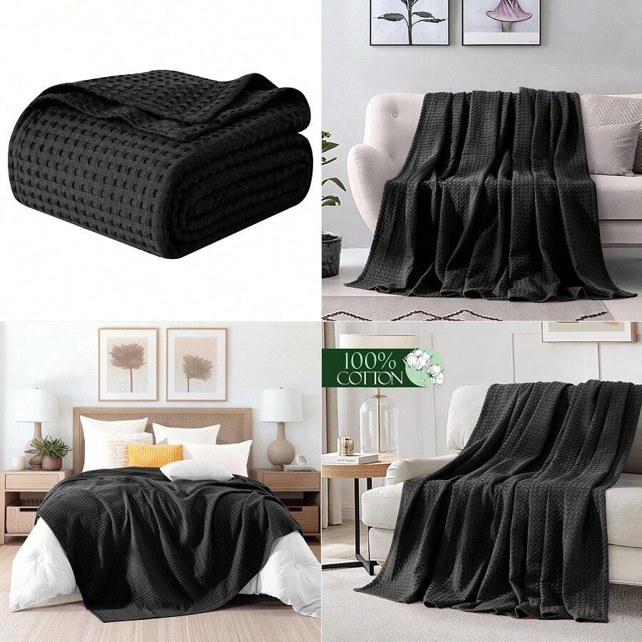 Premium 100 Cotton Waffle Blanket Lightweight Breathable Waffle Weave Bed Blanket Soft And Warm All Season Blanket For Couch, Sofa And Bed, Queen Size 90x90 Inches, Black - Nữ hoàng đen - Xem 1