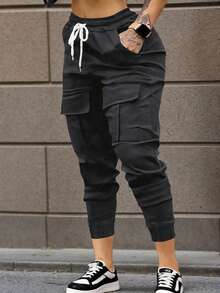 Women's Solid Color Drawstring Pocket Casual Pants, Suitable For All Seasons - Dark Grey - View 1