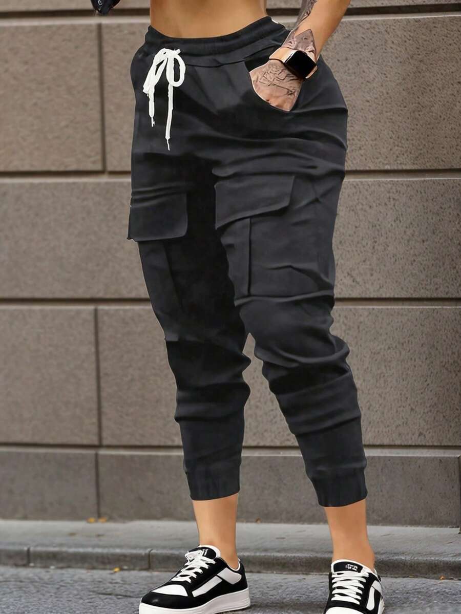 Women's Solid Color Drawstring Pocket Casual Pants, Suitable For All Seasons - Dark Grey - View 1