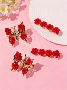 2个/4个装 女孩红色植绒玫瑰优雅甜美蝴蝶一体式侧刘海金属发夹，适合节日、情人节、派对等场合