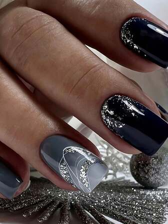 24pcs Medium Square Press-On Nails Set, Mixed Colors Incl. Black-Gray Ombre Glitter Asymmetrical Lines/Pink Pearl Gold French Tips/Silver-White Gold Fine French Tips With Loose Powder Decor, Fashionable & Versatile, 12 Sizes, Suitable For Women's Daily & Party Nail Art Decoration, Can Be A Great Gift