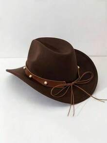 Women's Brown Western Cowboy Hat With Heart-Shaped Metal Decor, Pearl Rivet Embellishment, Leather Hat Band, Fashionable Cowgirl Hat Suitable For Daily Wear And Outdoor Activities. This Women's Brown Western Cowboy Hat With Pearl Rivet Heart-Shaped Leather Hat Band Is An Ideal Choice For Participating In Rodeo Competitions And Casual Outfitting. - Women's Heart Pearl Hat - View 3