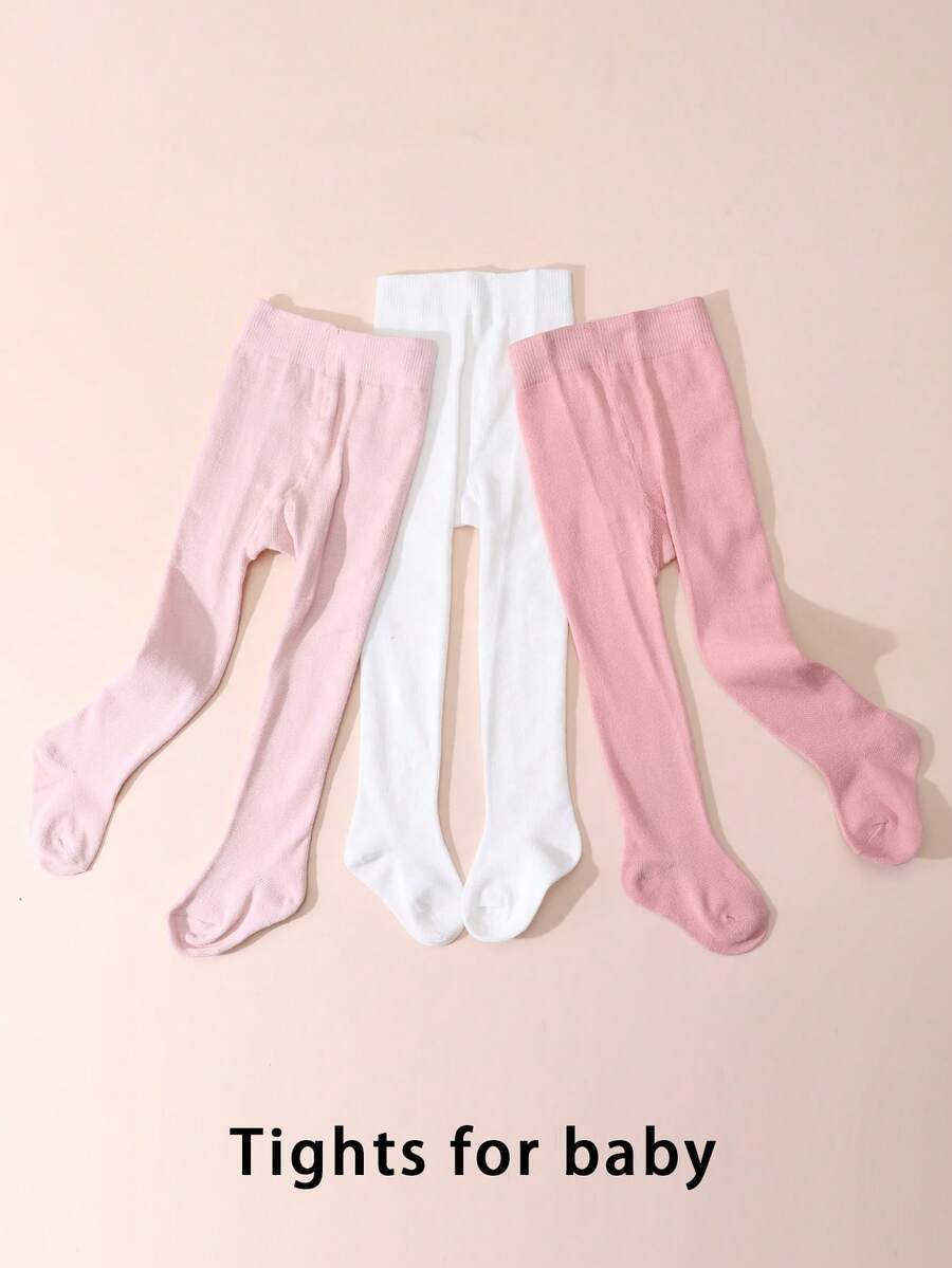 3 Pairs Baby Girls' Solid Color Leggings, Simple Style, Suitable For Spring And Autumn