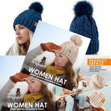 Women's Winter Pompom Beanie Warm And Cozy Knit Hat Fleece Lining Skull Cap For Women - 藍色 - 查看 1