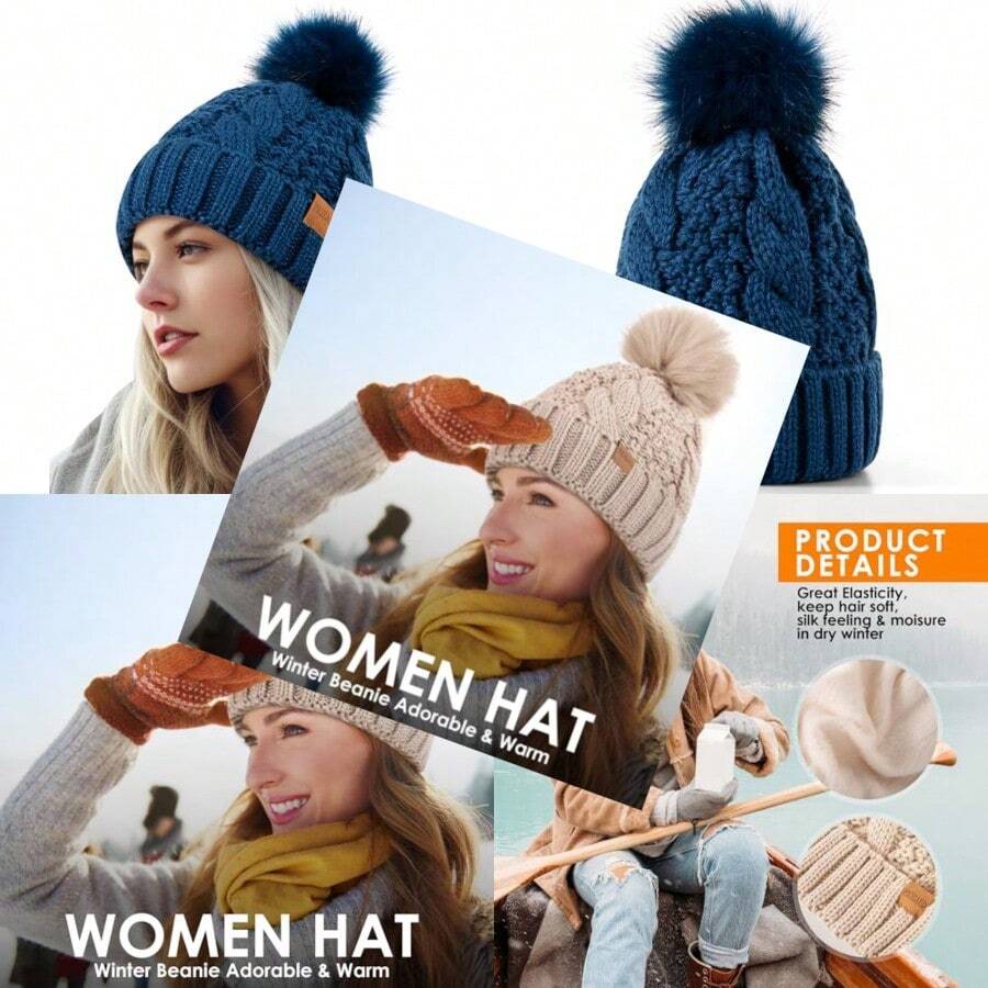 Women's Winter Pompom Beanie Warm And Cozy Knit Hat Fleece Lining Skull Cap For Women - 藍色 - 查看 1