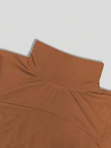 Women's Coffee Mesh Sheer Long Sleeve Pleated Blouse, Sexy Fitted High Neck, Fashionable Versatile All-Match, Suitable For Commuting, Business, Early Spring & Autumn/Winter - Mocha Brown - View 5