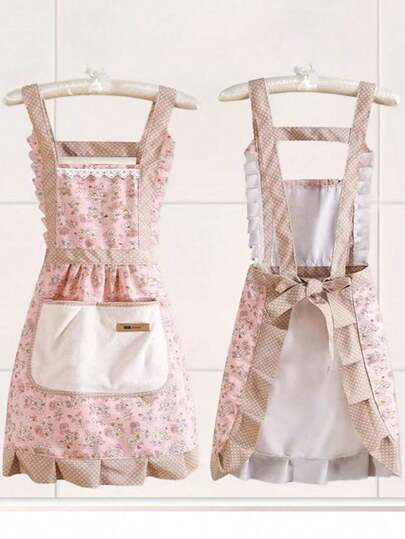 1pc Ditsy Floral Canvas Apron - Reusable Anti-Dirty Wear-Resistant Pouch For Women Baking Gardening Daily Use