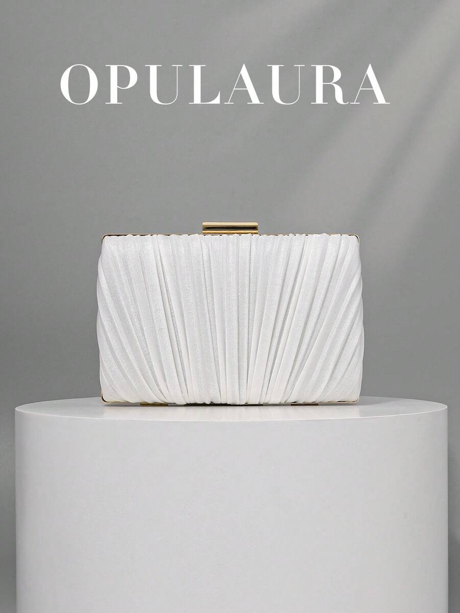 OpulAura 1件装复古优雅缎面褶皱正式派对手拿包，魅力精致的正式场合手提包，奢华盒式小钱包，适合派对/婚礼/正式场合，配有可拆卸链条，可肩背或斜挎 - 白色 - 查看 1