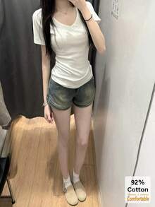 女款V領短袖T恤，百搭純色修身休閒白色夏季款，透氣 - 白色 - 查看 3