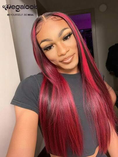 MEGALOOK 30英寸 #99J 酒红色渐变100%真人发13x4蕾丝前直发假发，10-30英寸波波头假发，长假发，透明蕾丝前假发，红色渐变假发 - 自然逼真，适合日常佩戴