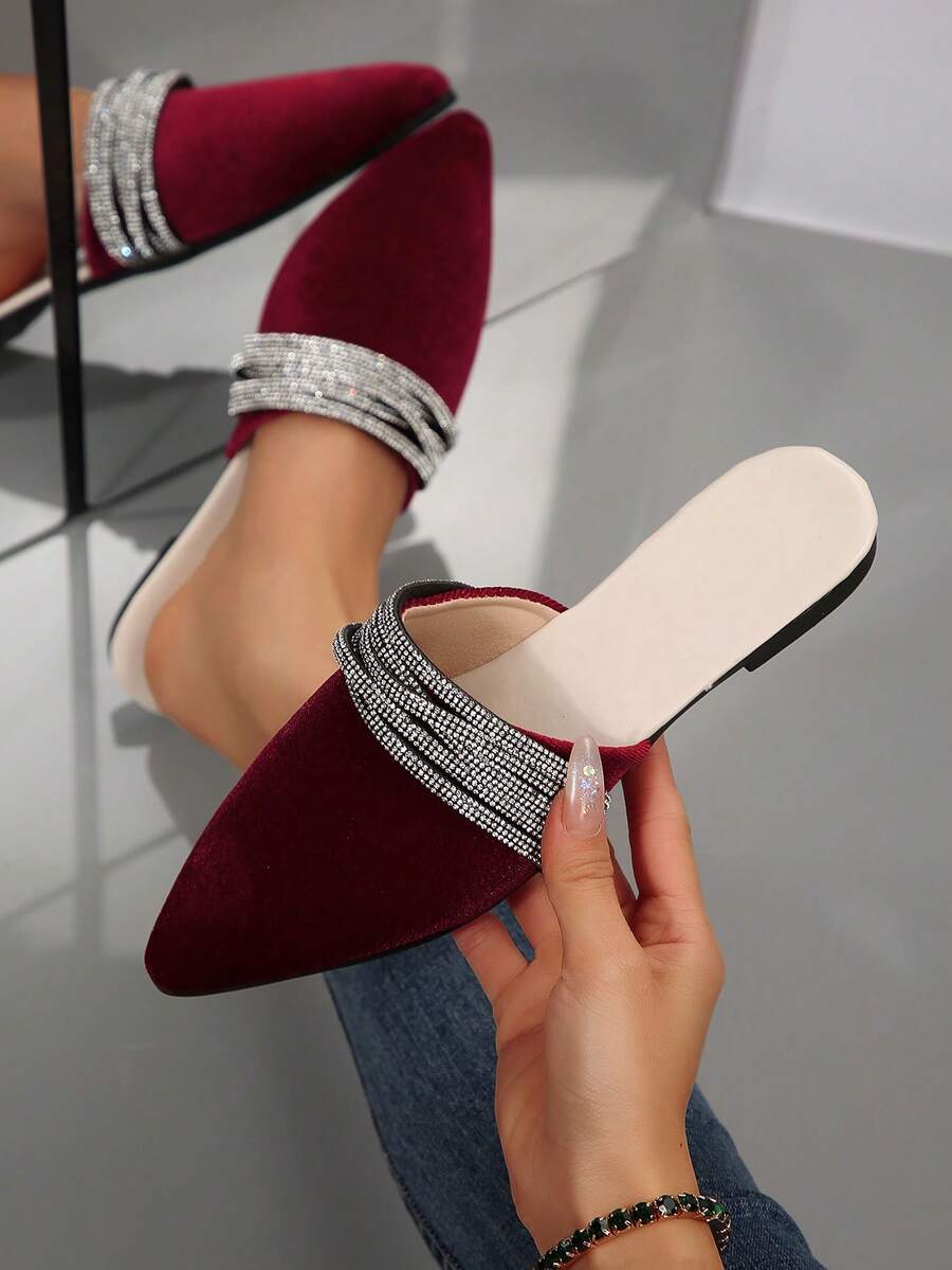 Women's Pointed Toe Slip-On Mules With Rhinestones, Fashionable And Elegant, Suitable For Spring And Summer - Red - View 1