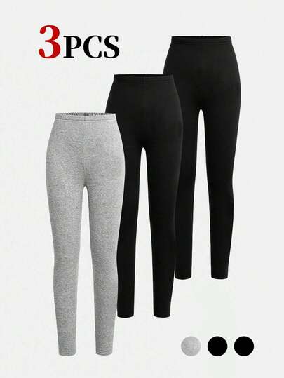 Set de 3 piezas Mallas deportivas básicas de unicolor y silueta ajustada para adolescentes, aptas para primavera y verano, se pueden usar solas o en capas