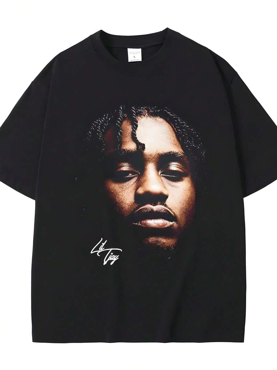 Rapper Lils Tjay Graphic T-Shirt Men Women's Fashion Hip Hop Vintage T-Shirts Cotton Short Sleeve Oversized O-Neck T Shirt 80347 - 黑色 - 查看 1