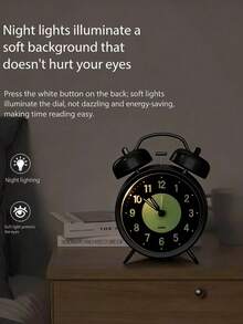Reloj despertador luminoso de 4 pulgadas, campana dual silenciosa sin tictac, con luz de fondo fuerte, adecuado para mesita de noche, reloj de mesa decorativo vintage como regalo de cumpleaños, graduación, decoración de habitación, reloj digital para dormitorio, decoración de dormitorio, útiles escolares - Negro - Ver 3