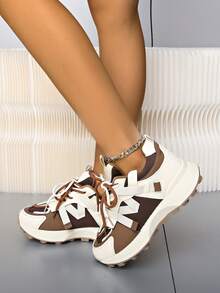 Women's Round Toe Lace Up Thick Sole Casual Comfort Running Sneakers - Brown - View 2