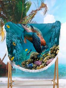 1 pieza Toalla de playa redonda de la serie Océano, súper suave de microfibra, de secado rápido y muy absorbente, 250 g/m², con estampado de tortuga marina, ligera y suave, esterilla de playa de secado rápido, esterilla de yoga, chal de sol, 150*150 cm, adecuada para playa, piscina, viaje, camping, yoga, gimnasio, deportes, natación y talla grande. - Multicolor - Ver 3