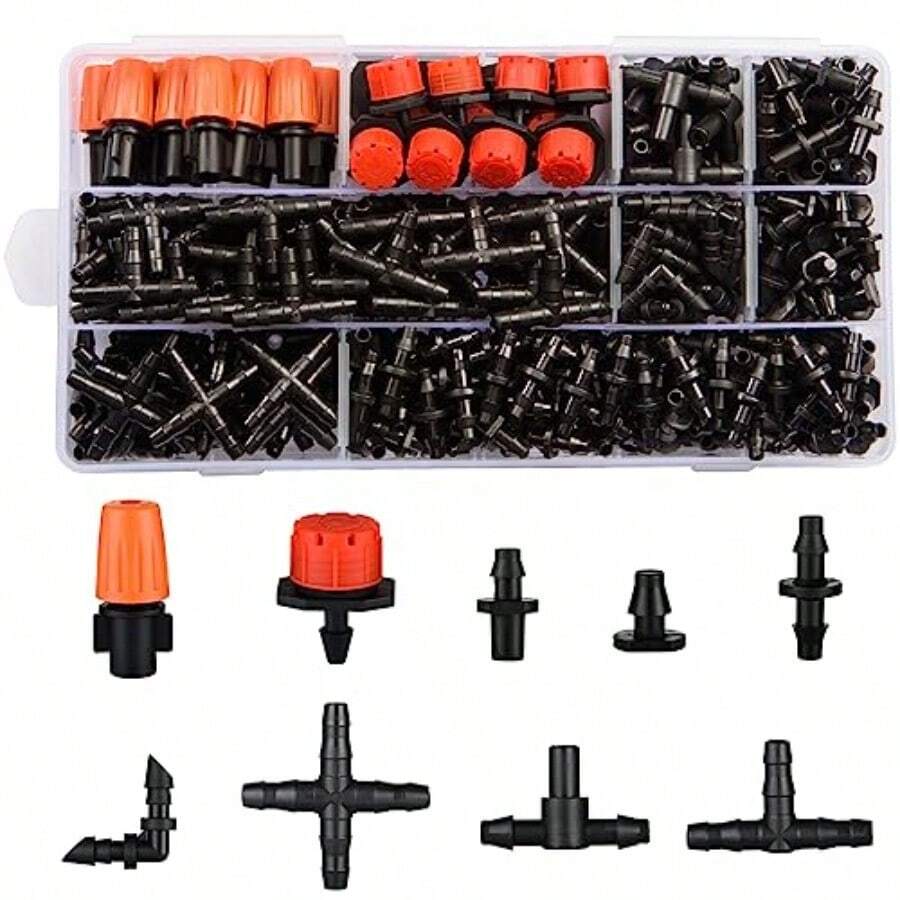 300Pcs Drip Irrigation Fittings Kit For 1/4" Tubing Drip Line Connectors For Drip Systems- Drip Emitters Nozzles Nozzle Tees Single Barbs 4-Way Connectors End Plugs Elbows Tees Couplingsasd - như hình ảnh - Xem 1
