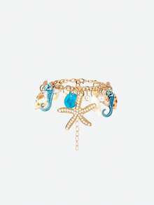 Opalesca 1 pieza Pulsera de estilo bohemio con decoración de estrella de mar de aleación y perla para mujer, playa de verano - azul real - Ver 3