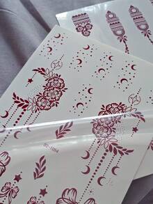 2张月亮和花朵图案酒红色临时纹身贴纸 - Manhaiti Design 临时纹身，适合派对和节日人体彩绘 - 棕色 - 查看 5