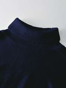 Women's Casual Knit Sweater & Maxi Skirt Set, Loose Fit High Neck Pullover And Long Skirt, Solid Color, Autumn/Winter - Navy Blue - View 4