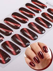 16片酒红色猫眼半固化凝胶美甲贴 - 沙龙品质，闪亮条纹UV凝胶美甲贴 - 适合女性工作、约会、日常居家DIY的美甲贴纸