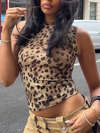 1pc Leopard Print Polyester Ruffle Hem Camisole, Suitable For Beach, Vacation, Travel, Airport, Photoshoot, Street Style, Spring/Summer Casual