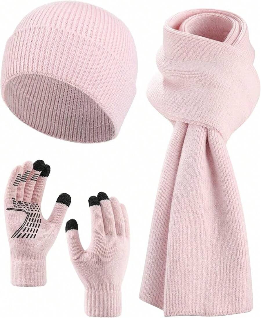 2026AWAYTR Women Winter Beanie Hat Scarf Gloves Set, 3Pcs Warm Knitted Hat Touchscreen Gloves Long Scarf For Cold Weather - 粉色 - 查看 1
