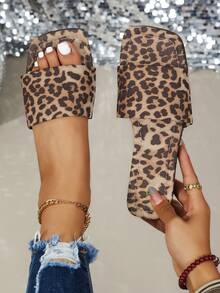 Women's Thick Sole Wedge Heel Square Toe Sandals, Leopard Print Pattern, Single Strap, Open Toe Design, Suitable For Beach, Vacation And Daily Wear - Embroidered Leopard Print - View 7