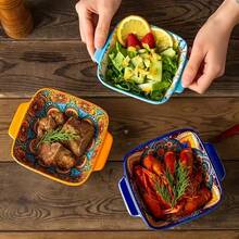 1pc Bohemian Style Set. Rectangular Double Handle Bowl Suitable For Salad, Snacks, Baking, Oven & Microwave - Multicolor - View 9