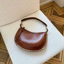 Retro Cross-Border Handbag With A Studded Design, Genuine Leather Shoulder Bag, Fashionable Handbag With Individual Character. ISFrench Retro Cross-Border Studded Classic Crescent Bag Genuine Leather Crossbody Bag Personality Fashion Handbag - 棕色 - 查看 2