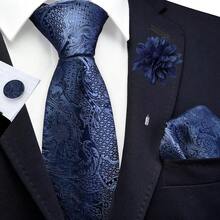 GUSLESON 8cm Paisley Tie Set For Men Necktie Lapel Pin Pocket Square Cufflinks Set For Men,NavyBlue - NavyBlue - View 3