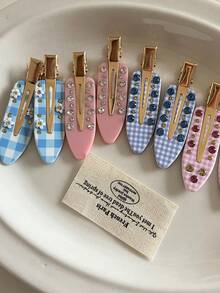 2/4pcs Pink And Blue Fresh Checkered Hair Clip With Rhinestone Embellishment, No Trace Clip, Hair Edge Clip Suitable For Women's Face Washing And Makeup, Already Worn Daily, Head Accessories, Party, Hair Accessories For Women, Claw Clips, Hair Slide, Hair Barrettes - Multicolor - View 2