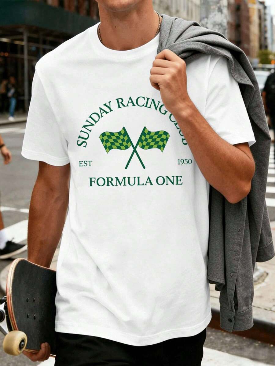 Camiseta de Fórmula 1 del Sunday Racing Club fabricada con material de alta calidad, corte holgado, ajuste cómodo, estilo hip-hop callejero, estampado llamativo - Blanco - Ver 1