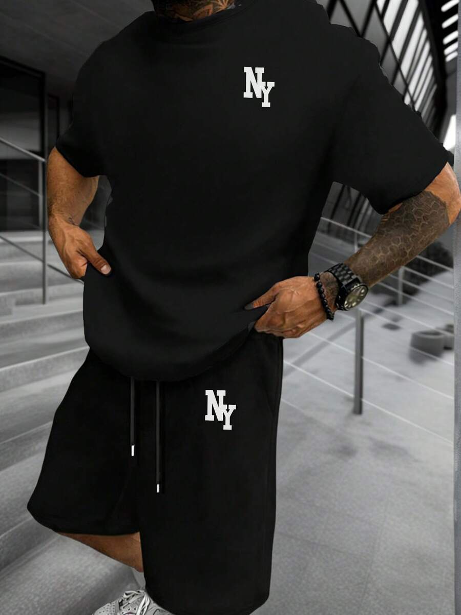 2pcs Krometka Men's Casual Versatile NY Element Print Short Sleeve T-Shirt And Shorts Set, Spring/Summer - Black - View 1
