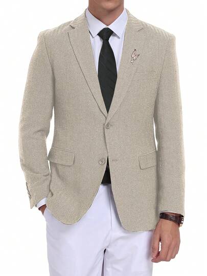 WindsorQuad Furuyal Men's Herringbone Tweed Suit Set, Single Suit Jacket, Elegant Men's Suit Set, Solid Color Double-Breasted Slim Fit Formal Wear, Business Formal Single-Breasted Wedding Suit, Banquet Vintage Champagne Color, Size XS-XXXL