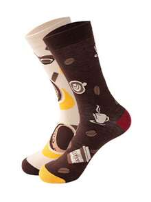 男士中筒袜一双，不对称设计，创意咖啡图案，时尚透气吸湿，适合日常穿着、度假、送礼、休闲及运动场合。 - 彩色 - 查看 11