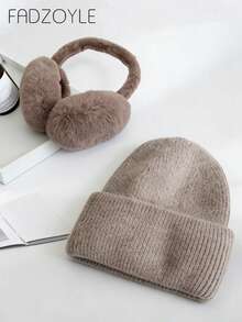 1 Earmuff + 1 Knitted Hat, Mocha Brown