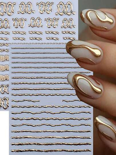 1 Sheet 5D Embossed Metal Line Nail Art Stickers, French Stripe Line Nail Decals French Tips Stickers Nail Art Supplies Gold Curve Strip Line Designer Nail Stickers For Acrylic Nail Art Decor DIY Accessories ﻿
