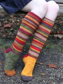 1 par de meias coloridas acima do joelho, meias casuais femininas, cores do arco-íris