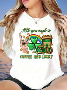 Women's T-Shirt,All You Need Is Coffee And Lucky St Patrick's Day T-Shirt With Rainbow Clover And Pot Of Gold Design For Women, 220g - 白色 - 查看 2
