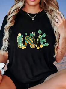 Women's T-Shirt,St Patrick's Day Love Graphic T-Shirt With Shamrock And Gold Coin Design For Women, 220g - Black - View 4