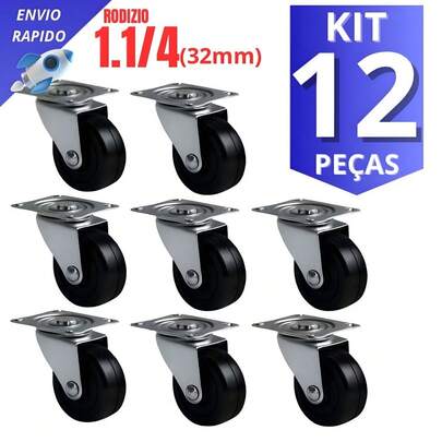 Kit 12 Rodízio Giratório 3,2cm Anti Ruído Rodinha Para Cadeira, Rack, Móveis e Vasos Multiuso Reforçado