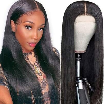 200% Density Human Blended Brazilian Hair Wigs 13X4 Lace Front 200% Density Bob Wig Pre Plucked Hd Lace Short Wig Natural Black Color Straight Bleached Knots Natural Black Color Wigs For Women