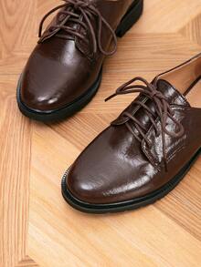 女士圆头系带牛津鞋，平底系带休闲鞋，户外复古系带鞋，春秋季，乐福鞋 - 巧克力棕 - 查看 8