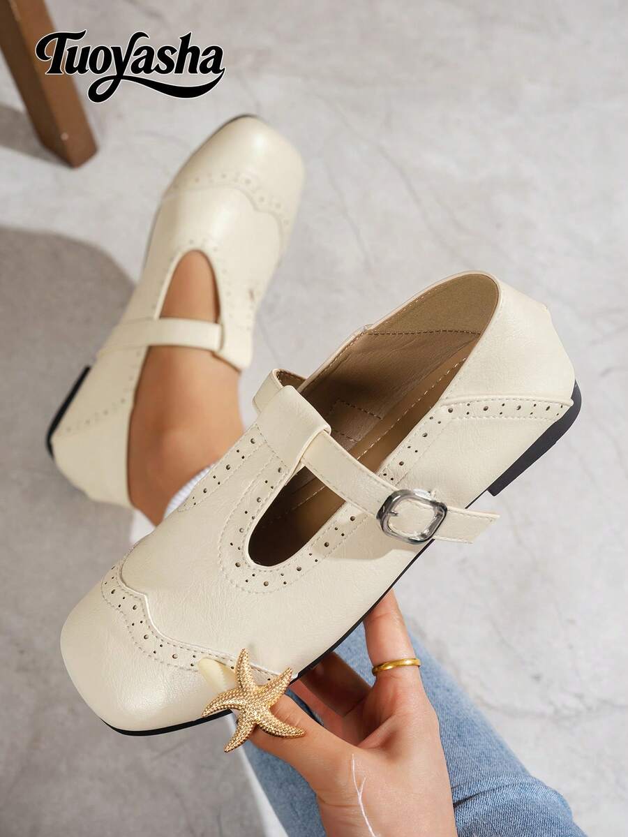 Women's Casual Versatile Shoes, New Design Round Toe Soft & Comfortable Slip-On Shoes With Strap Decor, Suitable For Commuting And Daily Wear - Beige - View 1