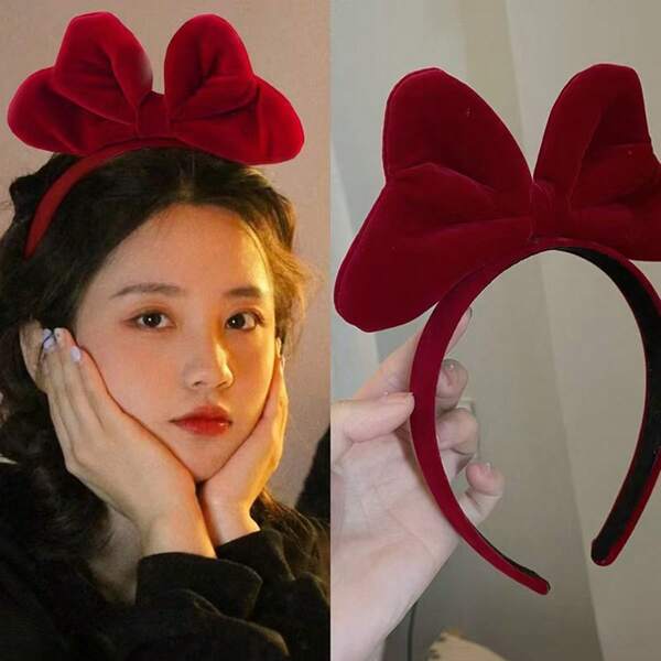 1pc Burgundy Velvet Bow Headband, Vintage Cute Hair Accessory, Autumn/Winter Atmosphere, Suitable For New Year